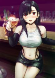Rule 34 | 1990s (style), 1girl, alcohol, bad id, bad pixiv id, bar (place), black hair, cowboy shot, cup, drinking glass, dzujijizu, final fantasy, final fantasy vii, fingerless gloves, gloves, highres, looking at viewer, midriff, retro artstyle, seventh heaven, sitting, skirt, smile, solo, suspender skirt, suspenders, tank top, tifa lockhart, wooden floor