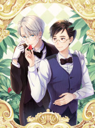 Rule 34 | 10s, 2boys, bespectacled, black hair, blue eyes, bow, bowtie, brown eyes, checkered background, dorris, feeding, food, formal, fruit, glasses, gloves, hand on another&#039;s shoulder, highres, katsuki yuuri, leaf, male focus, multiple boys, silver hair, smile, sparkle, strawberry, suit, traditional bowtie, viktor nikiforov, waistcoat, white gloves, yuri!!! on ice