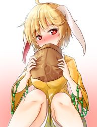 Rule 34 | 1girl, ahoge, animal ears, blonde hair, blush, floppy ears, gradient background, hat, unworn hat, unworn headwear, heart, heart-shaped pupils, highres, holding, holding clothes, holding hat, looking at viewer, multicolored background, nose blush, oshiaki, rabbit ears, red eyes, ringo (touhou), short hair, shorts, sitting, solo, symbol-shaped pupils, touhou, two-tone background