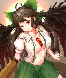 Rule 34 | 1girl, absurdres, ahoge, arm cannon, bird wings, black wings, blush, bow, breasts, center frills, cleavage, closed mouth, collar, collarbone, commentary request, control rod, eyelashes, feathered wings, frilled collar, frills, green bow, green skirt, hair bow, head tilt, highres, hira-san, large breasts, long hair, looking at viewer, microskirt, navel, open clothes, open mouth, open shirt, puffy short sleeves, puffy sleeves, red eyes, reiuji utsuho, short sleeves, sidelocks, skirt, smile, solo, stomach, third eye, touhou, weapon, wings