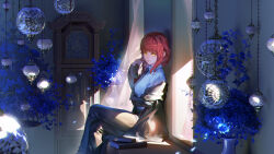 Rule 34 | 1girl, absurdres, adjusting hair, arm under breasts, book, chainsaw man, coat, collar, dress pants, dress shirt, flower, from side, hand up, highres, looking at viewer, makima (chainsaw man), necktie, off shoulder, on bench, red hair, shirt, sitting, solo, vase, yellow eyes, zame (960944453)