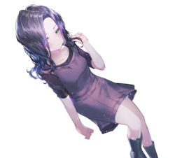 Rule 34 | 1girl, black hair, boots, breasts, closed mouth, dress, eveline, green eyes, hair over one eye, long hair, looking at viewer, rec2yam, resident evil, resident evil 7: biohazard, simple background, skirt, solo, white background