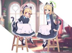 Rule 34 | 2girls, :t, alternate costume, animal ear headphones, animal ears, apron, arm support, black dress, black footwear, blonde hair, blue archive, blue ribbon, cat ear headphones, cat tail, closed mouth, dot mouth, dress, enmaided, fake animal ears, frilled apron, frills, green eyes, halo, hands on own face, headphones, long sleeves, looking at viewer, maid, maid headdress, marueri, mechanical tail, midori (blue archive), midori (maid) (blue archive), momoi (blue archive), momoi (maid) (blue archive), multiple girls, neck ribbon, on stool, pantyhose, pink eyes, pout, ribbon, short twintails, siblings, sidelocks, sisters, sitting, stool, tail, twins, twintails, twitter username, white apron, white pantyhose
