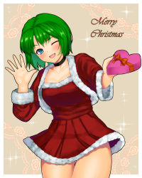 Rule 34 | 1girl, alternate costume, black choker, blue eyes, blush, box, breasts, choker, christmas, cleavage, commentary request, cowboy shot, dress, fur-trimmed dress, fur trim, gift, green hair, heart-shaped box, highres, holding, holding gift, jacket, long sleeves, looking at viewer, mattyakinako (odango imomushi), medium breasts, merry christmas, one eye closed, open mouth, red dress, red jacket, shiki eiki, short dress, short hair, smile, solo, touhou, waving