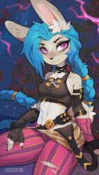 Rule 34 | 1girl, animal ears, arcane: league of legends, arcane jinx, bare shoulders, body fur, braid, breasts, brown gloves, cloud tattoo, fingerless gloves, furrification, furry, furry female, gloves, green hair, grey fur, highres, jinx (league of legends), league of legends, long hair, medium breasts, navel, pants, pink eyes, pink pants, rabbit ears, rabbit tail, smile, solo, striped clothes, striped pants, tail, torn clothes, torn pants, twin braids, twintails, waspsalad