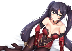 Rule 34 | 1girl, alternate color, bare shoulders, barettoarts, black gloves, black hair, blue eyes, blush, breasts, colored skin, elbow gloves, feet, female focus, genshin impact, gloves, gold trim, hair ornament, highres, leotard, long hair, long sleeves, looking at viewer, mona (genshin impact), no shoes, purple leotard, simple background, sitting, smile, solo, thighlet, thighs, twintails, white background, white skin