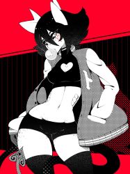 Rule 34 | black sclera, body freckles, breasts, blowing bubbles, chewing gum, cleavage cutout, clothing cutout, colored sclera, cowboy shot, crop top, demon girl, demon horns, demon tail, facial mark, freckles, halftone, halphelt, hands in pockets, heart cutout, highres, horns, jacket, letterman jacket, looking at viewer, medium breasts, medium hair, micro shorts, monochrome, navel, nes (halphelt), open clothes, open jacket, original, red theme, shorts, solo, tail, thighhighs