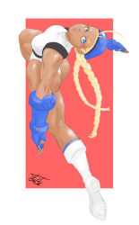 Rule 34 | 1girl, absurdres, alternate color, antenna hair, arched back, ass, beret, blonde hair, blue gloves, blue hat, blue socks, boots, braid, breasts, cammy white, capcom, combat boots, commentary, dark-skinned female, dark skin, english commentary, facial scar, full body, gage 199x, gloves, hat, highres, jumping, kneepits, leg up, leotard, long braid, long hair, long legs, medium breasts, outstretched arms, player 2, scar, scar on cheek, scar on face, socks, solo, street fighter, street fighter v, thick thighs, thighs, thong leotard, twin braids, white footwear, white leotard