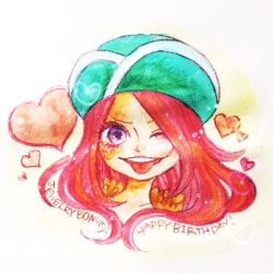 Rule 34 | 1girl, anti-eyebrow piercing, aqua hat, character name, closed eyes, commentary request, floating hair, fur collar, happy birthday, hat, heart, jewelry bonney, long hair, looking to the side, mrnmikannn, one eye closed, one piece, painting (medium), pink hair, portrait, purple eyes, smile, solo, tongue, tongue out, traditional media, watercolor (medium)