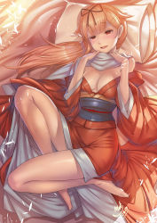Rule 34 | 1girl, alternate costume, asdj, barefoot, blonde hair, blush, breasts, cleavage, dated, hair ornament, hair ribbon, hairclip, highres, japanese clothes, kantai collection, kimono, long hair, looking at viewer, lying, medium breasts, off shoulder, on back, on bed, pillow, red eyes, ribbon, scarf, signature, solo, thighs, yuudachi (kancolle), yuudachi kai ni (kancolle)