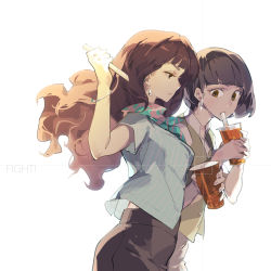 Rule 34 | 2girls, arm up, black skirt, bracelet, brown eyes, coffee, commentary request, cup, drinking, drinking straw, earrings, from side, highres, holding, holding cup, holding drinking straw, holding straw, jewelry, long hair, looking at viewer, multiple girls, original, profile, shirt, short hair, short sleeves, side-by-side, skirt, straw, tan vest, tennohi, two-handed, vest, white shirt