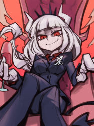 Rule 34 | 1girl, alcohol, black pants, blunt bangs, breasts, crossed legs, crown, cup, drinking glass, formal, gloves, grin, helltaker, highres, horns, long hair, looking at viewer, lucifer (helltaker), mole, mole under eye, necktie, pants, pt crow, red eyes, sitting, smile, solo, suit, throne, white gloves, white hair, wine, wine glass