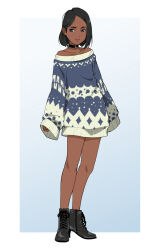 Rule 34 | 1girl, :|, black hair, blue eyes, choker, closed mouth, dark-skinned female, dark skin, full body, gradient background, highres, long sleeves, looking at viewer, no pants, off-shoulder shirt, off shoulder, original, outside border, shirt, shoes, short hair, sleeves past fingers, sleeves past wrists, solo, standing, suzushiro (suzushiro333), tachi-e