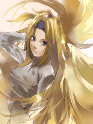 Rule 34 | 1girl, arc system works, blonde hair, blue eyes, breasts, casual, female focus, guilty gear, headband, millia rage, salada, solo, standing, upper body