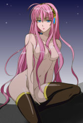 Rule 34 | 1girl, ahoge, arm at side, arm support, blue eyes, breasts, brown thighhighs, collarbone, expressionless, female focus, gradient background, hair between eyes, hair over breasts, headphones, headset, large breasts, legs, lips, lipstick, long hair, looking at viewer, makeup, megurine luka, navel, neck, night, night sky, nude, pink hair, pink lips, serious, sitting, sky, solo, star (sky), starry sky, thighhighs, very long hair, vocaloid