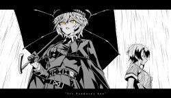 Rule 34 | 2girls, alternate costume, aqua eyes, capelet, closed mouth, commentary, cross-shaped pupils, english commentary, english text, gloves, greyscale, half gloves, hand up, hat, holding, holding umbrella, hololive, jacket, letterboxed, long sleeves, looking to the side, military, military jacket, military uniform, monochrome, multiple girls, necktie, oozora subaru, oozora subaru (1st costume), open mouth, parody, profile, rain, red pupils, shirt, short hair, short sleeves, simple background, sin city, single half glove, spot color, striped clothes, striped shirt, symbol-shaped pupils, taka t, takane lui, umbrella, uniform, upper body, vertical-striped clothes, vertical-striped shirt, virtual youtuber, white background, yellow eyes