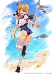 Rule 34 | 1girl, :d, ahoge, ass, beach, bird, blonde hair, blue one-piece swimsuit, blue sky, blush, breasts, brown eyes, day, finger on trigger, floating hair, haru estia, holding, holding water gun, leg up, long hair, looking at viewer, low ponytail, medium breasts, neckerchief, ocean, old school swimsuit, one-piece swimsuit, open mouth, outdoors, rainmaker, red neckerchief, running, sailor collar, sand, school swimsuit, school uniform, scrunchie, seagull, see-through, serafuku, shoes, short sleeves, sky, smile, solo, soulworker, starfish, sunlight, swimsuit, swimsuit under clothes, thighhighs, water drop, water gun, wet, wet clothes, white footwear, white scrunchie, white thighhighs, wrist scrunchie, wristband