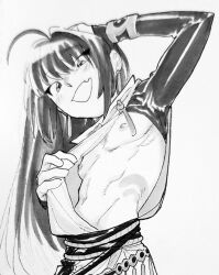 Rule 34 | 1boy, ahoge, arm up, clothing aside, commentary, earrings, english commentary, fang, fate/samurai remnant, fate (series), flashing, greyscale, jewelry, long hair, looking at viewer, monochrome, nipples, open mouth, other focus, samipeko, simple background, skin fang, smile, solo, yamato takeru (fate)