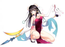 Rule 34 | 1girl, absurdres, bare shoulders, black hair, blue eyes, breasts, chinese clothes, cleavage, double bun, dress, earrings, elbow gloves, full body, gloves, highres, jewelry, kneeling, long hair, looking at viewer, medium breasts, original, pelvic curtain, polearm, scan, side slit, simple background, smile, solo, spear, tony taka, weapon, white background