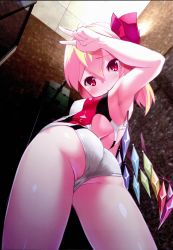 Rule 34 | 1girl, absurdres, ass, back, back cutout, bare arms, blonde hair, blush, breasts, cameltoe, ceiling, clothing cutout, competition swimsuit, covered erect nipples, cowboy shot, crystal, eyebrows, flandre scarlet, from below, glass, hair between eyes, hair ribbon, highres, lamp, looking at viewer, looking down, nipples, non-web source, one-piece swimsuit, pout, red eyes, ribbon, scan, short hair, skin tight, small breasts, solo, sushoyushi, swimsuit, tiles, touhou, v, wings
