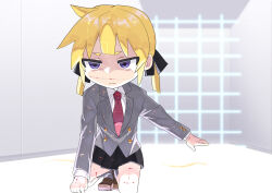 Rule 34 | 1girl, blazer, blonde hair, blood, blunt bangs, brown footwear, closed mouth, collared shirt, commentary request, cuts, failure, frown, fuka (kantoku), full body, grey jacket, highres, injury, jacket, kill me baby, laser, laser hallway, loafers, long hair, necktie, on one knee, purple eyes, red necktie, school uniform, severed hair, shirt, shoes, short bangs, short hair, solo, sonya (kill me baby), twintails, white shirt