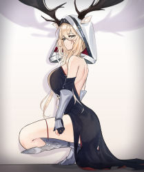 Rule 34 | 1girl, animal ears, antlers, antlers through headwear, arknights, armored boots, backless dress, backless outfit, black dress, black gloves, blonde hair, blush, boots, breasts, commission, deer antlers, deer ears, deer girl, detached hood, dress, ears through headwear, elsi, from side, gauntlets, gloves, grey eyes, hair between eyes, highres, hood, hood up, horns, large breasts, looking at viewer, partially fingerless gloves, pixiv commission, shadow, solo, squatting, strapless, strapless dress, viviana (arknights)