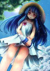 Rule 34 | 1girl, alternate costume, bad id, bad pixiv id, blue hair, bottle, brand name imitation, dress, from below, hat, highres, hinanawi tenshi, looking at viewer, looking down, maru daizu (aqua6233), red eyes, solo, standing, straw hat, sun, touhou, tree shade, water bottle, white dress