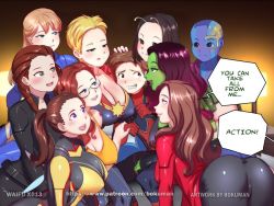 Rule 34 | 1boy, 6+girls, age difference, antennae, armor, artist name, ass, assertive female, aunt and nephew, avengers: endgame, avengers (series), back, bald, bald girl, bandages, bare shoulders, bed, black eyes, black hair, black widow, blonde hair, blue eyes, blue skin, blush, bodysuit, bokuman, braid, breast press, breast rest, breasts, breasts on head, brown hair, captain marvel, carol danvers, cleavage, collarbone, colored skin, covered erect nipples, curly hair, curvy, dress, english text, from behind, gamora, glasses, green dress, green eyes, green skin, grin, half-closed eyes, hand on another&#039;s crotch, hand on another&#039;s head, hand on another&#039;s shoulder, hand on own chest, harem, holding hands, hope van dyne, imminent penetration, indoors, jacket, lamp, large breasts, latex, latex bodysuit, leggings, licking lips, long hair, mantis (marvel), marvel, marvel cinematic universe, mature female, may parker, midriff, multicolored hair, multiple girls, natasha romanoff, naughty face, navel, nebula (gotg), nervous, nervous smile, no panties, open mouth, orange tank top, pants, parted lips, pepper potts, peter parker, pink hair, ponytail, power armor, purple skin, red hair, rescue (iron man), scarlet witch, sexually suggestive, shiny clothes, shiny skin, single braid, sitting, size difference, smile, speech bubble, spider-man, tank top, teeth, text focus, thighs, tongue, tongue out, two-tone hair, wanda maximoff, wasp (marvel), watermark, web address, you gonna get raped