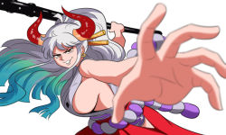 Rule 34 | 1girl, bare arms, bare shoulders, breasts, clothing cutout, club, club (weapon), curled horns, earrings, foreshortening, green hair, hair ornament, hair stick, highres, hip vent, horns, huge breasts, japanese clothes, jewelry, kanabou, kimono, long hair, looking at viewer, meme, multicolored hair, multicolored horns, one piece, oni, red horns, rope, shimenawa, sideboob, simple background, sleeveless, sleeveless kimono, smile, solo, tina fate, weapon, yamato (one piece)