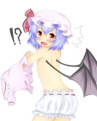 Rule 34 | 1girl, bad id, bad pixiv id, bare shoulders, bat wings, bloomers, blue hair, blush, fang, female focus, hat, hat ribbon, open mouth, red eyes, remilia scarlet, ribbon, short hair, solo, ^^^, taka (taka1234), touhou, underwear, undressing, white background, wings