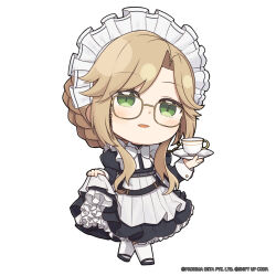 Rule 34 | 1girl, ade (nikke), apron, black dress, black footwear, blonde hair, braid, chibi, commentary, cup, dress, english commentary, eyewear strap, frilled apron, frills, full body, glasses, goddess of victory: nikke, green eyes, highres, holding, holding plate, juliet sleeves, long hair, long sleeves, looking at viewer, maid headdress, official art, parted bangs, petticoat, plate, puffy sleeves, solo, standing, teacup, totatokeke, white apron