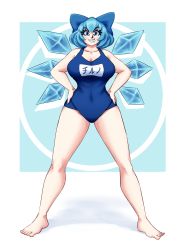 Rule 34 | 1girl, alternate breast size, alternate costume, bare legs, barefoot, blue eyes, blue hair, blue ribbon, blue one-piece swimsuit, breasts, cirno, cleavage, collarbone, commentary, covered navel, english commentary, fairy, full body, grin, hair ribbon, hands on own hips, highres, ice, ice wings, large breasts, looking at viewer, name tag, aged up, one-piece swimsuit, ribbon, school swimsuit, shine, short hair, simple background, smile, solo, spookoarts, standing, swimsuit, touhou, wings