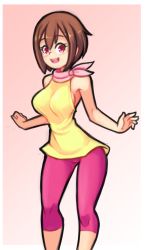 Rule 34 | 1girl, absurdres, blush, breasts, brown hair, digimon, digimon adventure, drantyno, gradient background, highres, large breasts, looking at viewer, open mouth, pants, pink background, pink eyes, pink pants, pink scarf, scarf, shirt, short hair, smile, solo, tank top, teeth, yagami hikari, yellow shirt