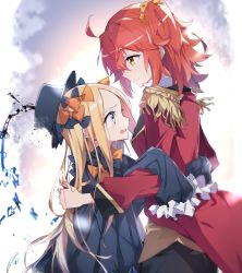 Rule 34 | 2girls, abigail williams (fate), alternate costume, black bow, black dress, black hat, blonde hair, blue eyes, blush, bow, brown eyes, closed mouth, commentary request, crying, crying with eyes open, dress, epaulettes, fate/grand order, fate (series), fujimaru ritsuka (female), hair bow, hair ornament, hair scrunchie, hat, hug, jacket, long hair, long sleeves, multiple girls, one side up, open mouth, orange bow, orange scrunchie, parted bangs, profile, red hair, red jacket, scrunchie, sleeves past fingers, sleeves past wrists, smile, tears, tsuezu, very long hair