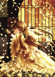Rule 34 | 1girl, absurdres, brown hair, bug, dress, flower, hair ribbon, highres, insect, long hair, looking at viewer, moth, original, petals, purple eyes, ribbon, smile, solo, tears, tinker bell (pixiv 10956015), twintails, wind