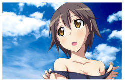 Rule 34 | 1girl, :o, akino sora, blush, breasts, brown hair, cleavage, cloud, day, medium breasts, miyafuji yoshika, school swimsuit, short hair, sky, solo, strike witches, swimsuit, undressing, world witches series, yellow eyes