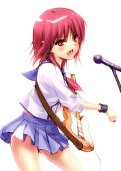 Rule 34 | 10s, 1girl, angel beats!, blush, guitar, instrument, iwasawa masami, microphone, microphone stand, music, open mouth, playing instrument, red eyes, red hair, school uniform, serafuku, short hair, singing, sleeves rolled up, solo, sweat, wristband, zen
