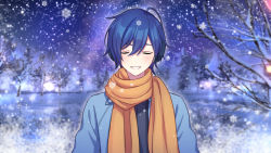Rule 34 | 1boy, akiyoshi (tama-pete), blue eyes, blue hair, commentary request, earmuffs, closed eyes, highres, kaito (vocaloid), male focus, outdoors, parted lips, scarf, smile, snow, snowflakes, snowing, solo, vocaloid