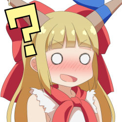 Rule 34 | 1girl, :d, ?, bare shoulders, blonde hair, blue ribbon, blunt bangs, blush, bow, cato (monocatienus), commentary request, hair bow, horn ornament, horn ribbon, horns, ibuki suika, long hair, nose blush, o o, oni, oni horns, open mouth, red bow, ribbon, shirt, sidelocks, simple background, sleeveless, sleeveless shirt, smile, solo, touhou, upper body, v-shaped eyebrows, white background, white shirt