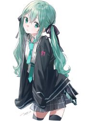 Rule 34 | absurdres, aqua eyes, aqua hair, aqua necktie, black jacket, black skirt, black thighhighs, closed mouth, collared shirt, cowboy shot, hair ribbon, hand in pocket, hatsune miku, highres, jacket, light blush, light frown, looking to the side, necktie, numbered, open clothes, open jacket, plaid, plaid skirt, pleated skirt, pomu (joynet), ribbon, shirt, sidelocks, signature, simple background, skirt, sleeves past fingers, sleeves past wrists, standing, thighhighs, twintails, vocaloid, white background, white shirt