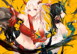 Rule 34 | 2girls, arknights, arm behind back, arm rest, back-to-back, back cutout, bare shoulders, belt, black belt, black hair, black shorts, clothing cutout, crop top, dragon girl, dragon horns, dress, dusk (arknights), expressionless, from behind, from side, grey hair, grin, hand up, hands up, highres, holding, holding smoking pipe, horns, long hair, looking at viewer, looking back, midriff, multicolored hair, multiple girls, navel, nian (arknights), orange eyes, paint, purple eyes, red eyes, red hair, sakusyo, short shorts, shorts, siblings, sisters, sleeveless, sleeveless dress, slit pupils, smile, smoking pipe, stomach, streaked hair, two-tone hair, very long hair, white dress, white hair, yellow background