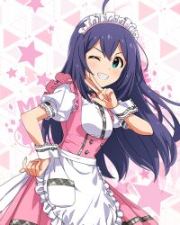 Rule 34 | 1girl, ahoge, apron, aqua eyes, blush, bow, bowtie, breasts, butterfly ornament, dot nose, dress, frilled apron, frilled skirt, frills, hair between eyes, hand on own hip, idolmaster, idolmaster million live!, idolmaster million live! theater days, long hair, maid headdress, mochizuki anna, official alternate costume, official art, one eye closed, pink bow, pink bowtie, pink dress, pretty waitress (idolmaster), puffy short sleeves, puffy sleeves, purple hair, shirt, short sleeves, sidelocks, skirt, small breasts, solo, standing, star (symbol), starry background, straight hair, thighhighs, upper body, v, v-shaped eyebrows, waist apron, waitress, white apron, white shirt, white thighhighs, wrist cuffs