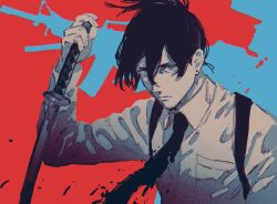 Rule 34 | 1boy, arms up, black hair, chainsaw man, closed mouth, collared shirt, different shadow, dress shirt, earrings, gun, hair between eyes, hayakawa aki, high ponytail, highres, holding, holding weapon, jewelry, katana, looking at viewer, male focus, mosako, necktie, pale skin, partially colored, ponytail, red background, shadow, shirt, short hair, solo, spoilers, stud earrings, suspenders, sword, upper body, weapon, white shirt