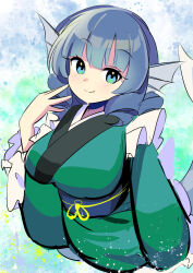 Rule 34 | 1girl, blue eyes, blue hair, blush, closed mouth, drill hair, fins, frilled sleeves, frills, green kimono, harakune (mugennero), head fins, japanese clothes, kimono, long sleeves, looking at viewer, mermaid, monster girl, obi, sash, short hair, sketch, smile, solo, touhou, wakasagihime, wide sleeves