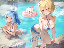 Rule 34 | 3girls, absurdres, bare shoulders, blonde hair, blue hair, blue hairband, blush, breasts, criss-cross straps, dark skin, flower, genshin impact, hair between eyes, hair flower, hair ornament, hairband, half-closed eyes, halo, highres, long hair, looking at viewer, lumine (genshin impact), lumine (hot springs) (genshin impact), medium breasts, midriff, mualani (genshin impact), multiple girls, official alternate costume, onsen, paimon (genshin impact), pi tayuko, red eyes, short hair with long locks, sidelocks, swimsuit, white flower, white hair, yellow eyes