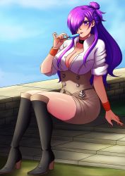 Rule 34 | 1girl, absurdres, boots, breasts, cleavage, collar, fire emblem, fire emblem: three houses, fire emblem warriors: three hopes, food, garreg mach monastery uniform, highres, large breasts, nintendo, open clothes, open shirt, popsicle, purple eyes, purple hair, shez (female) (fire emblem), shez (fire emblem), simple background, wristband