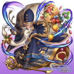 Rule 34 | 1boy, apple, artist name, beard, bell, black gloves, blue headwear, bow, capelet, christmas, company name, copyright name, facial hair, flower, food, fruit, fumi (butakotai), gingerbread man, gloves, glowing, glowing eyes, gradient background, male focus, monster collect, official art, old, old man, over shoulder, purple background, red bow, red eyes, sack, simple background, wand, watermark, white hair