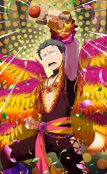 Rule 34 | 1boy, alternate costume, angel wings, black hair, chain, confetti, detached collar, feathered wings, frilled sleeves, frills, gold chain, highres, holding, holding toy, jewelry, kendama, long sleeves, male focus, multicolored wings, multiple wings, natsuki subaru, necklace, official art, open mouth, re:zero kara hajimeru isekai seikatsu, ring, see-through, see-through sleeves, short hair, sweatdrop, toy, wings, yellow eyes