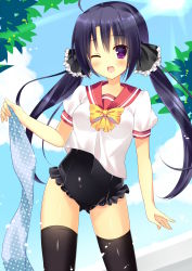 Rule 34 | 1girl, ;d, bekotarou, black hair, frilled swimsuit, frills, highres, long hair, no pants, nontraditional school swimsuit, one-piece swimsuit, one eye closed, open mouth, original, purple eyes, school swimsuit, school uniform, serafuku, smile, solo, swimsuit, swimsuit under clothes, thighhighs, twintails, wink