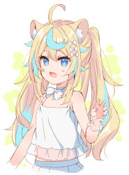 Rule 34 | 1girl, animal ear fluff, animal ears, bare shoulders, blonde hair, blue eyes, blue hair, blush stickers, bow, camisole, claw pose, collarbone, commentary request, copyright request, eyebrows hidden by hair, fang, hair between eyes, hair bow, hand up, highres, long hair, looking away, meito (maze), multicolored hair, open mouth, pleated skirt, see-through, skirt, solo, streaked hair, twintails, very long hair, virtual youtuber, white bow, white camisole, white skirt, wrist cuffs
